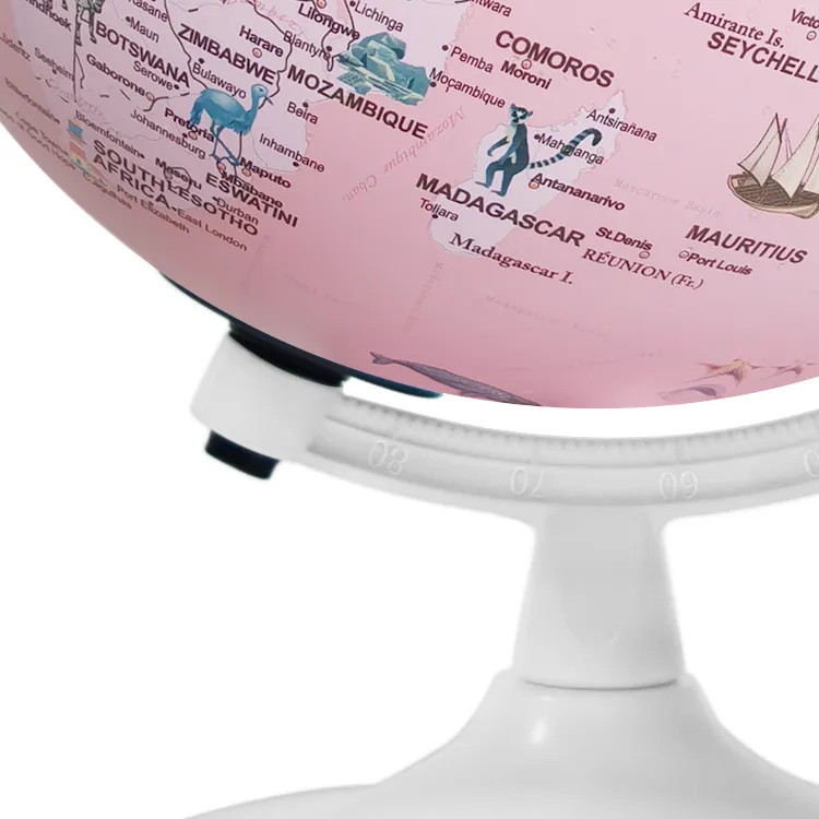 20cm (8") Pink Cartoon World Globe with White Painted Metal Base & Numbered Meridian detail view 2